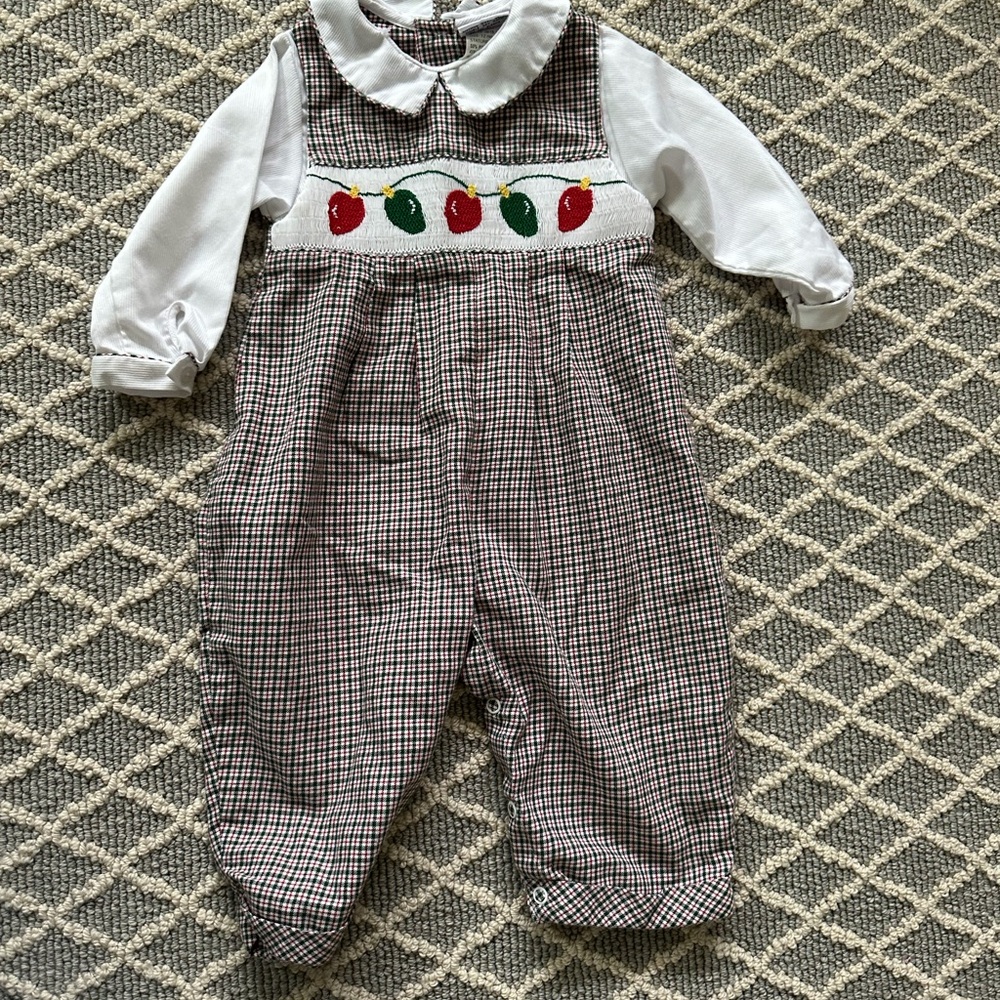 Plaid Baby Romper with Christmas light Embroidery